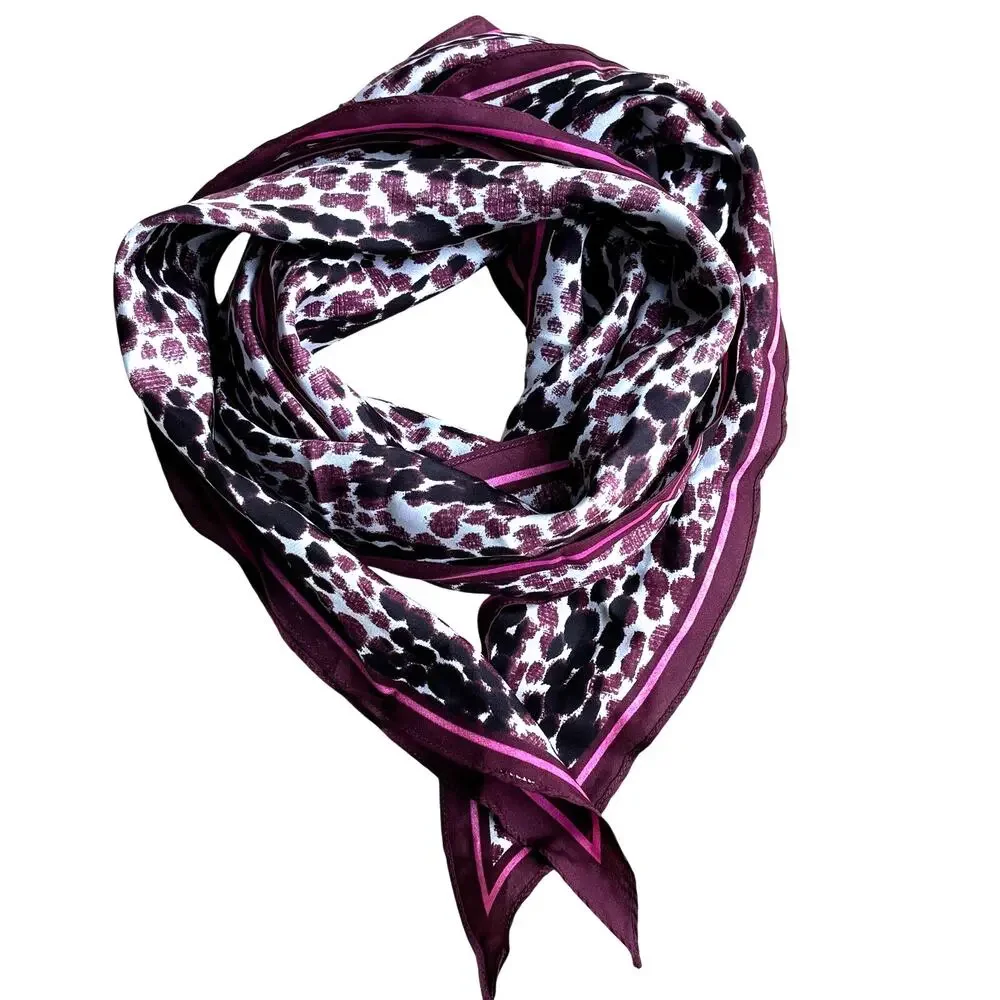 Vintage silk scarf berry pink animal print long rectangle pointy ends neck tie